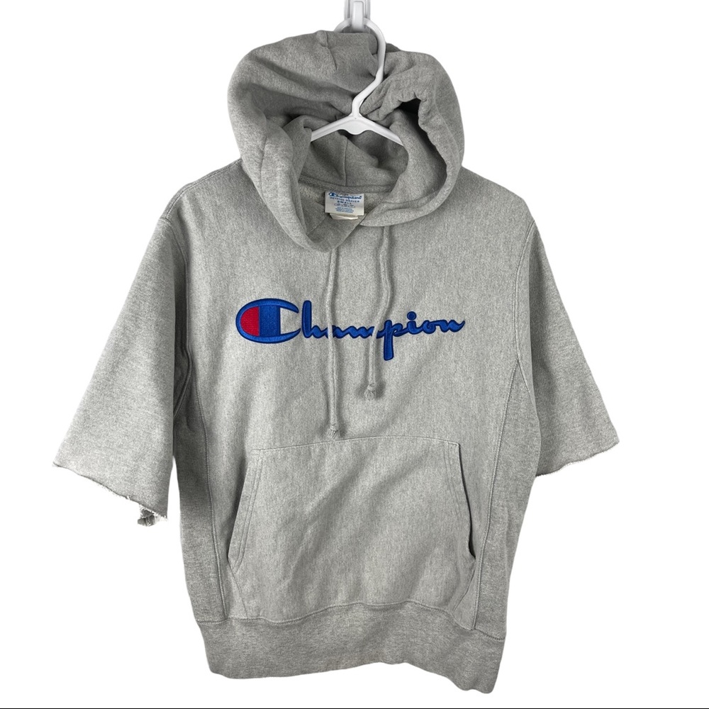 Champion mens hooded pullover sweatshirt logo grey sz S